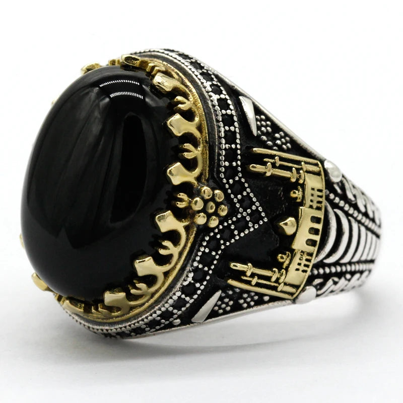 Schwarz Natürliche Achat Stein Ring 925 Silber herren Ring Schloss Türkische Konstantinopel Auspicious Vintage Signet Ring Track Hochzeit