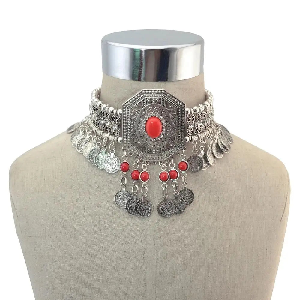 Afghanische Vintage Silber Farbe Legierung Halsketten Perlen Geometrische Form Münze Quaste Anhänger Klobige Halsketten für Boho Gypsy Türkisch