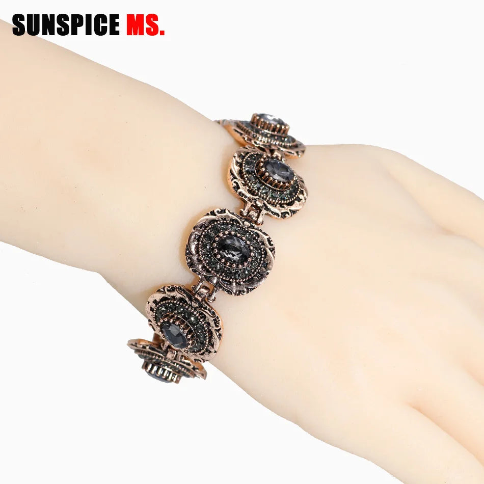 Sunspicems Vintage Kristall Link Armband für Frauen Antike Gold Farbe Runde Harz Böhmen Ethnische Hochzeit Schmuck Freund Geschenk