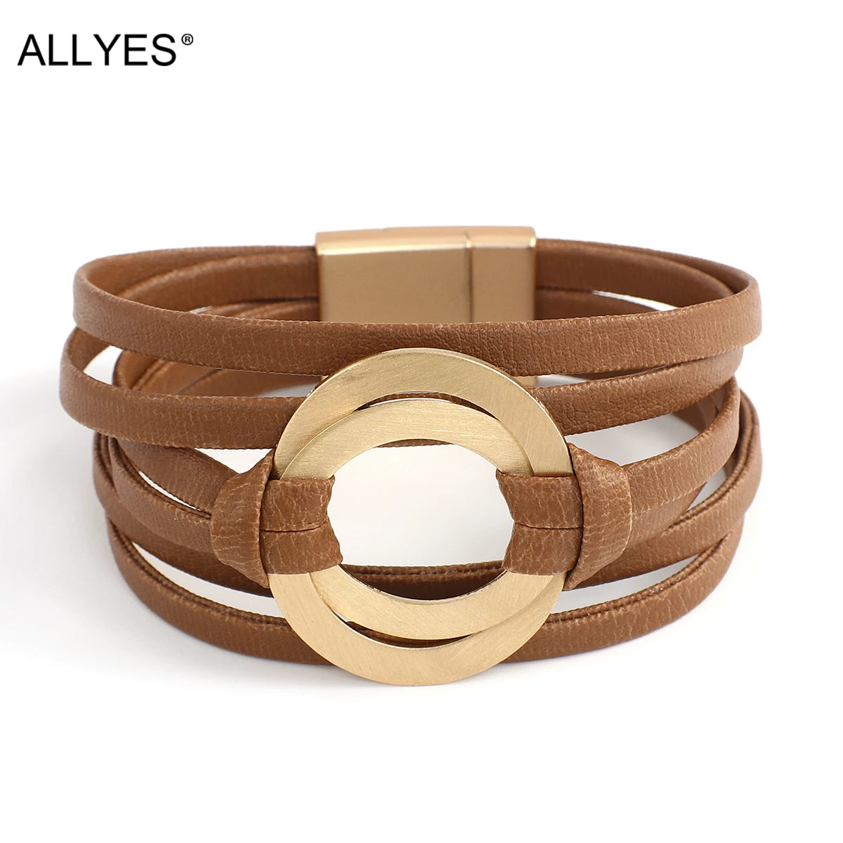 ALLYES Boho Echtes Leder Armbänder für Frauen Männer Mode Runde Hohl Kreise Charm Wrap Armband Armreif Weiblichen Schmuck Geschenke