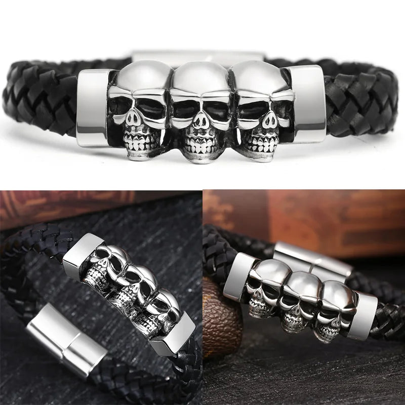 Übertreibung Männer Schmuck Schwarz Geflochtene Leder Armbänder Edelstahl Leder Armbänder Coole Schädel Armbänder Männer Armband