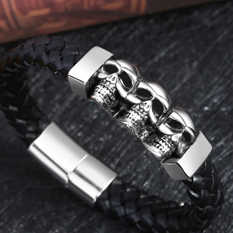 Übertreibung Männer Schmuck Schwarz Geflochtene Leder Armbänder Edelstahl Leder Armbänder Coole Schädel Armbänder Männer Armband
