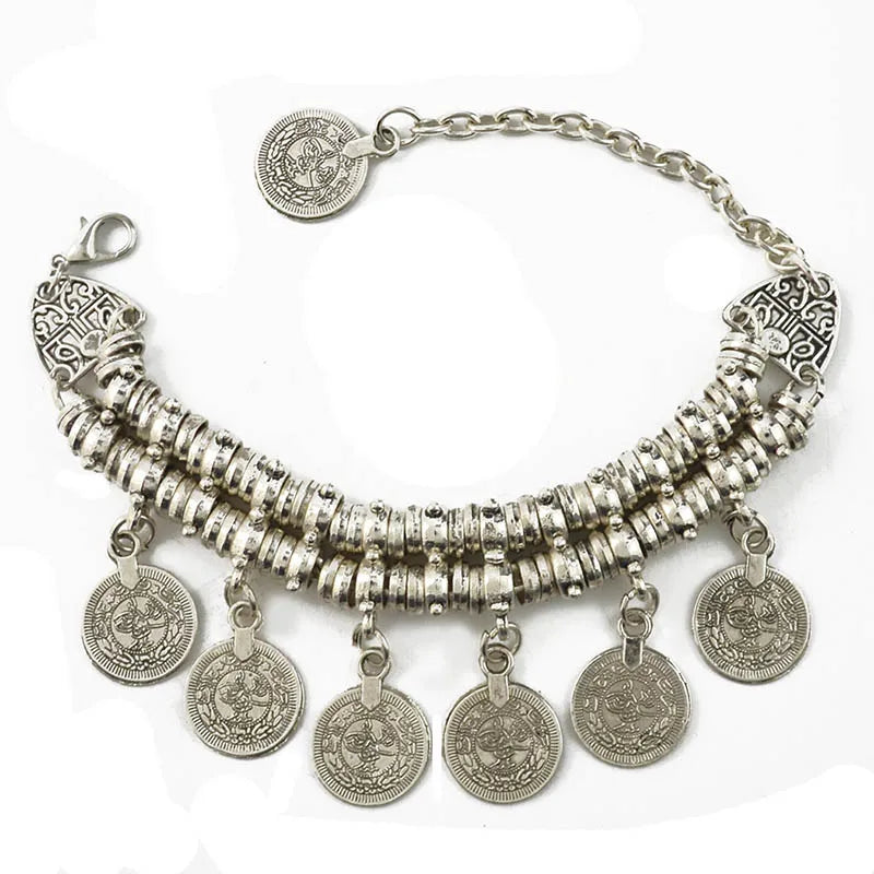 Mode Ethnische Gypsy Paar Armbänder Armreifen Für Frauen Kette Link Münze Charme Quaste Vintage Strand Einstellbare Boho Armbänder
