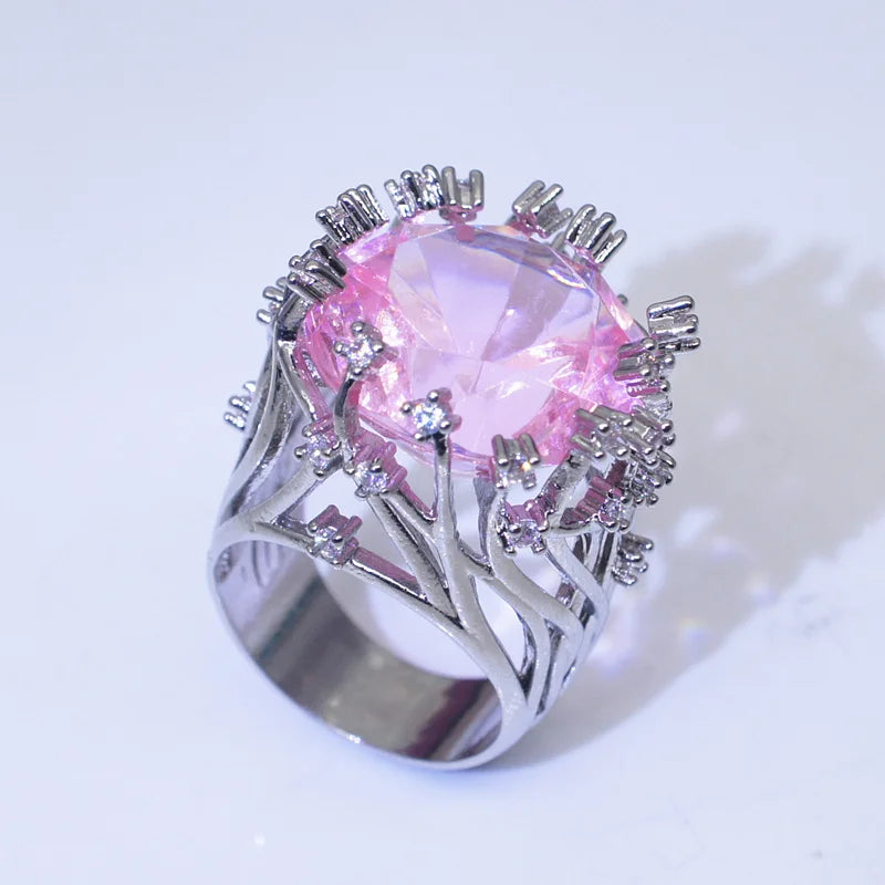 Neuer Ring aus 925er-Sterlingsilber mit eingelegtem rosa Kristallzirkon, übertriebener Ring für Frau, Hochzeit, Schmuck, Geschenk
