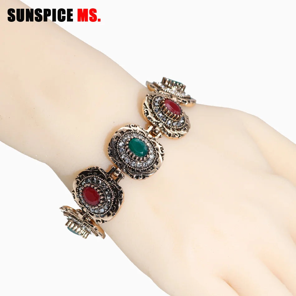Sunspicems Vintage Kristall Link Armband für Frauen Antike Gold Farbe Runde Harz Böhmen Ethnische Hochzeit Schmuck Freund Geschenk