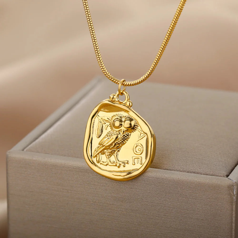 Vintage Eule Münze Halsketten für Frauen Männer Eule Anhänger Halskette Kragen Böhmen geschnitzt Freiheit Brief Schmuck Geschenk Bijoux Femme