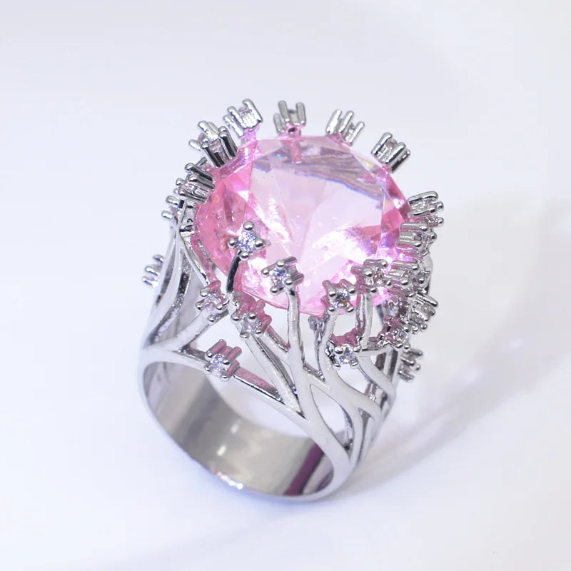 Neuer Ring aus 925er-Sterlingsilber mit eingelegtem rosa Kristallzirkon, übertriebener Ring für Frau, Hochzeit, Schmuck, Geschenk