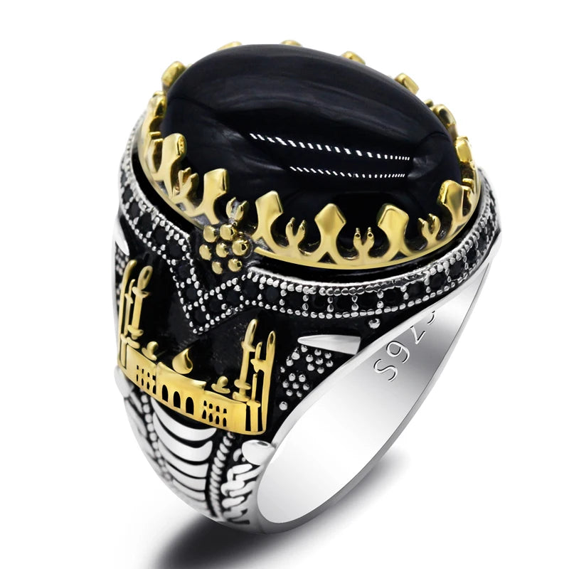 Schwarz Natürliche Achat Stein Ring 925 Silber herren Ring Schloss Türkische Konstantinopel Auspicious Vintage Signet Ring Track Hochzeit
