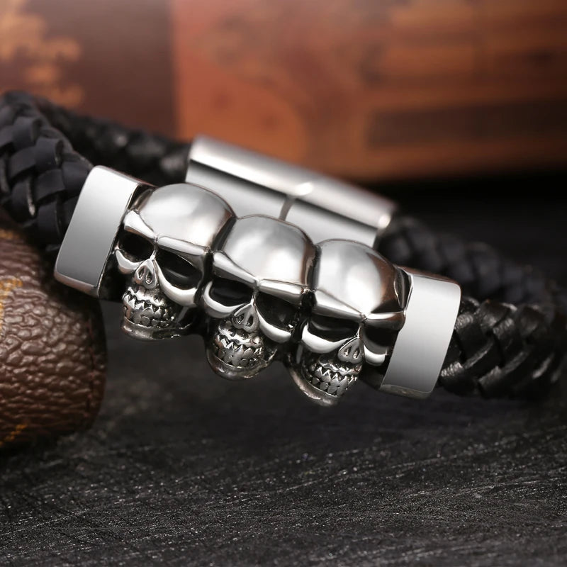 Übertreibung Männer Schmuck Schwarz Geflochtene Leder Armbänder Edelstahl Leder Armbänder Coole Schädel Armbänder Männer Armband