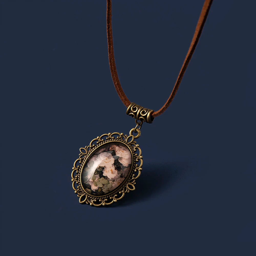 Vintange Weiß Rose Blumen zeit gem Anhänger Halskette Leder Seil Kette Halskette Frauen Modeschmuck SX-25