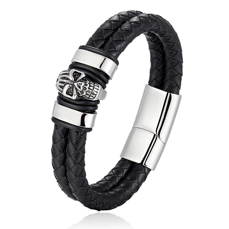 Übertreibung Männer Schmuck Schwarz Geflochtene Leder Armbänder Edelstahl Leder Armbänder Coole Schädel Armbänder Männer Armband