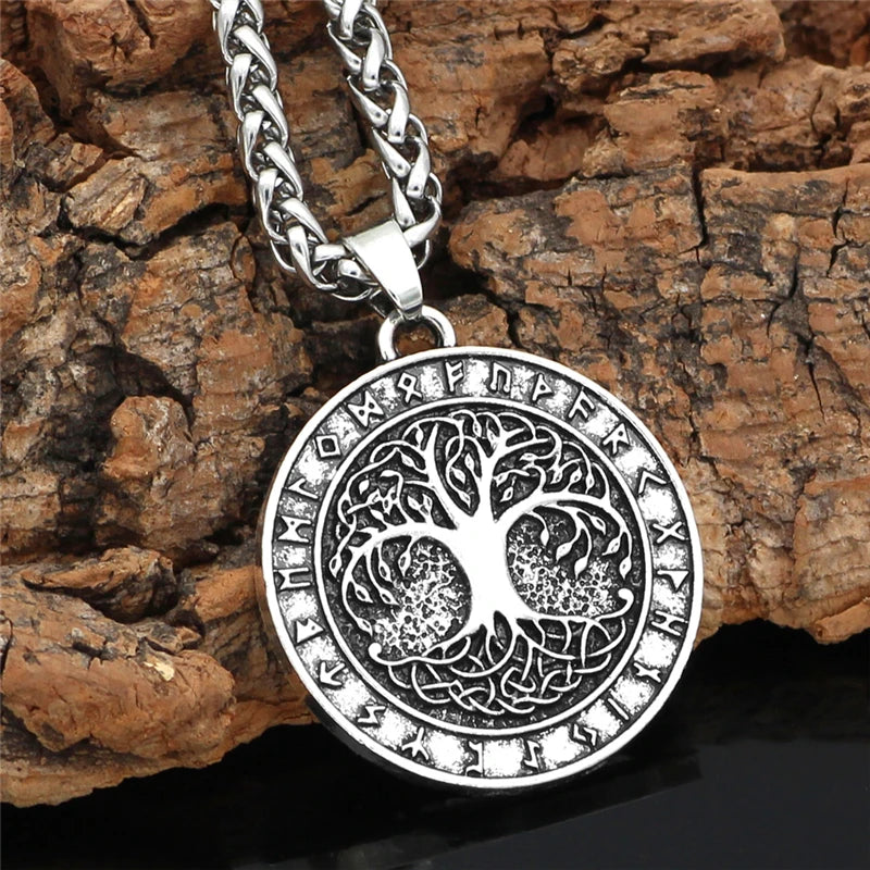 Nordic Vintage Baum des Lebens Runde Anhänger Viking Rune Halskette Antike Bronze Silber Farbe Männer Frauen Schmuck Geschenke Dropshipping