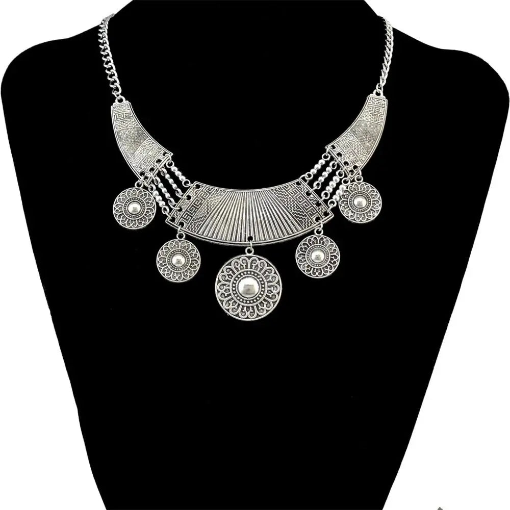 Afghanische Vintage Silber Farbe Legierung Halsketten Perlen Geometrische Form Münze Quaste Anhänger Klobige Halsketten für Boho Gypsy Türkisch