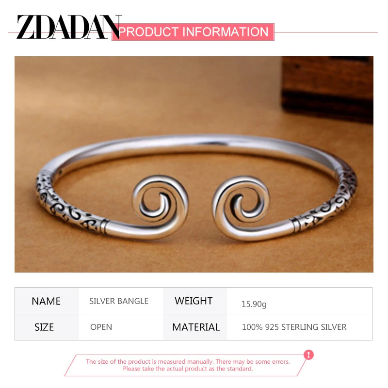 Zdadan Sterling Silber Vintage offene Manschette Armband Armreif für Frauen Männer Modeschmuck