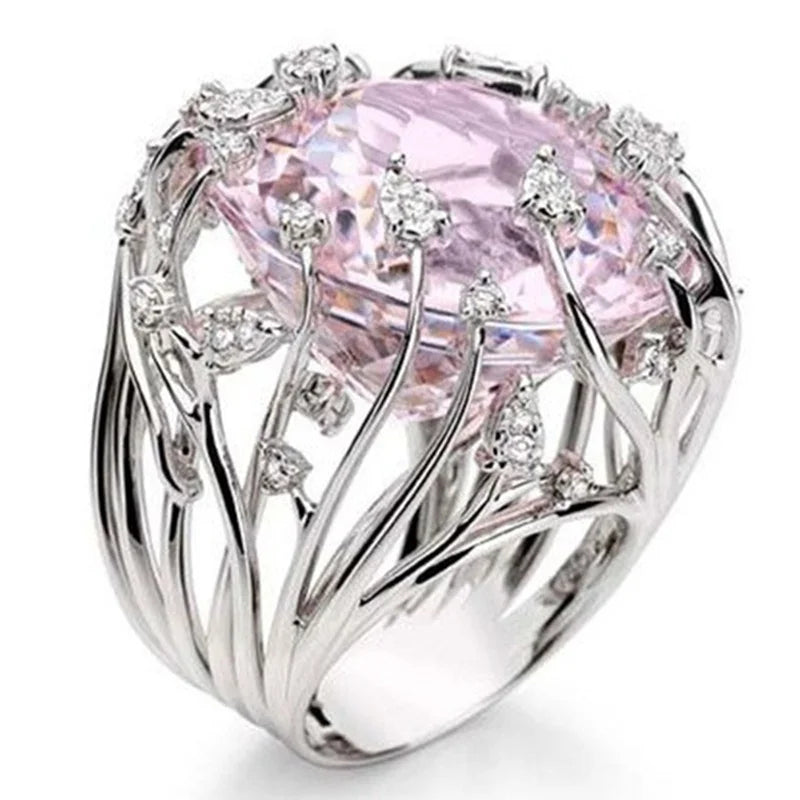 Neuer Ring aus 925er-Sterlingsilber mit eingelegtem rosa Kristallzirkon, übertriebener Ring für Frau, Hochzeit, Schmuck, Geschenk