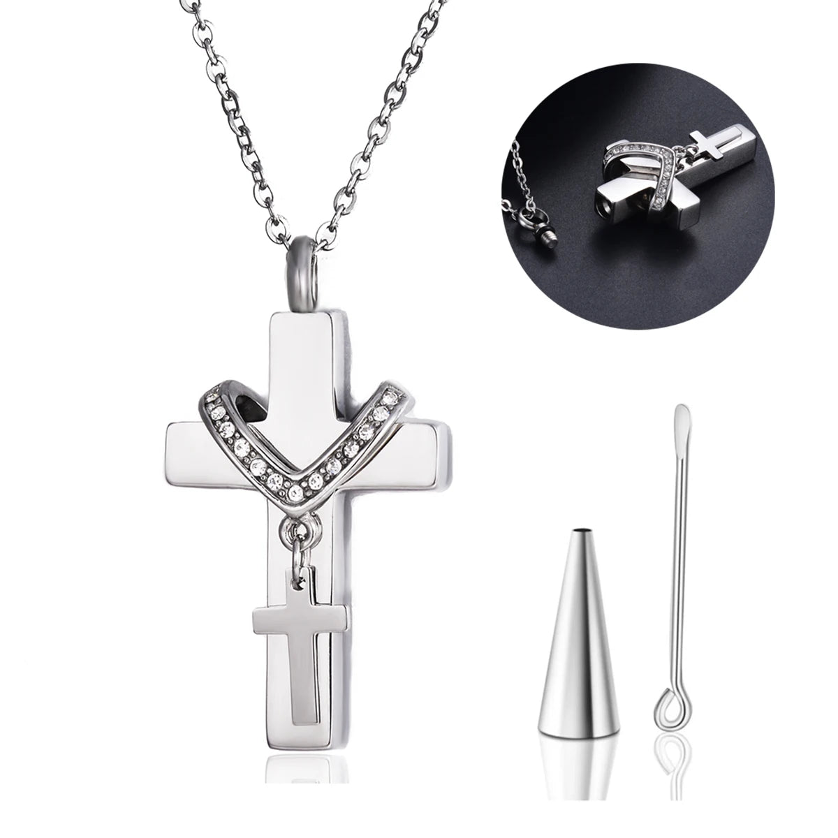 Unisex Edelstahl Feuerbestattung Doppel Kreuz Anhänger Halskette für Asche Memorial Andenken Schmuck Geschenk Dropshipping