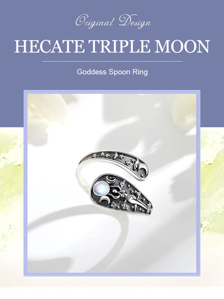 Eudora Verstellbarer Ring aus 925er-Sterlingsilber mit dreifacher Mondgöttin, Mondstein, Hekate, Amulett, Löffelring, Vintage-Schmuck, Geschenk für Frauen