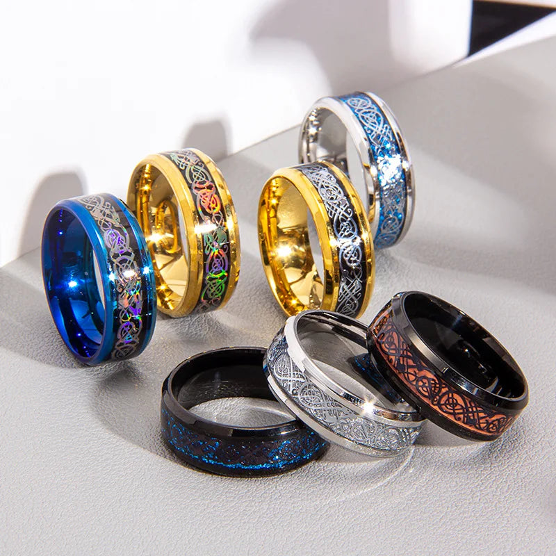 20 Farben Herrenschmuck Rot Blau Schwarz Drache Inlay Comfort Fit Edelstahlringe für Hochzeit Breite 8 mm