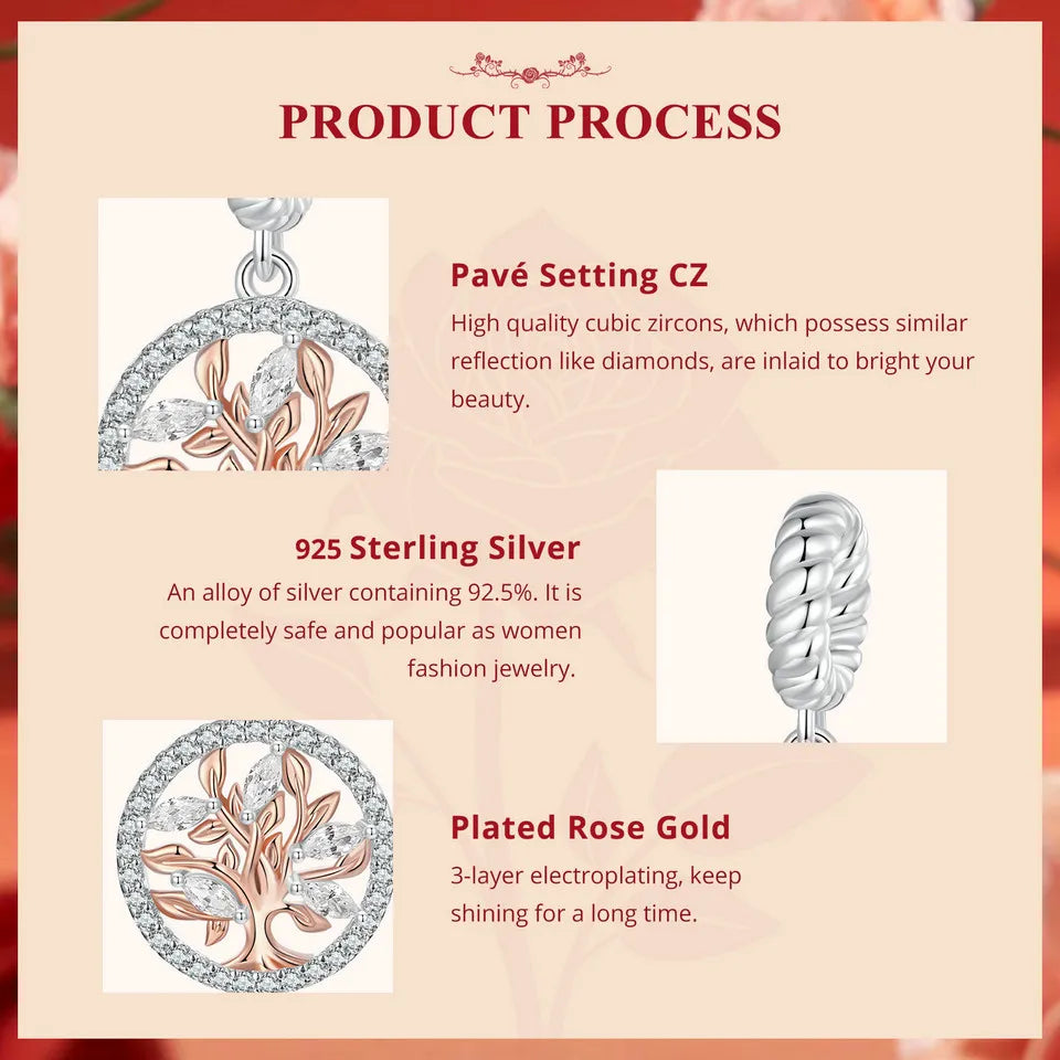 WOSTU Muttertags-Charm aus 925er-Sterlingsilber mit Rosenblüten-Anhänger, Baum des Lebens, Herzperlen, passend für Armbänder, Halsketten, DIY-Geschenk für Mama