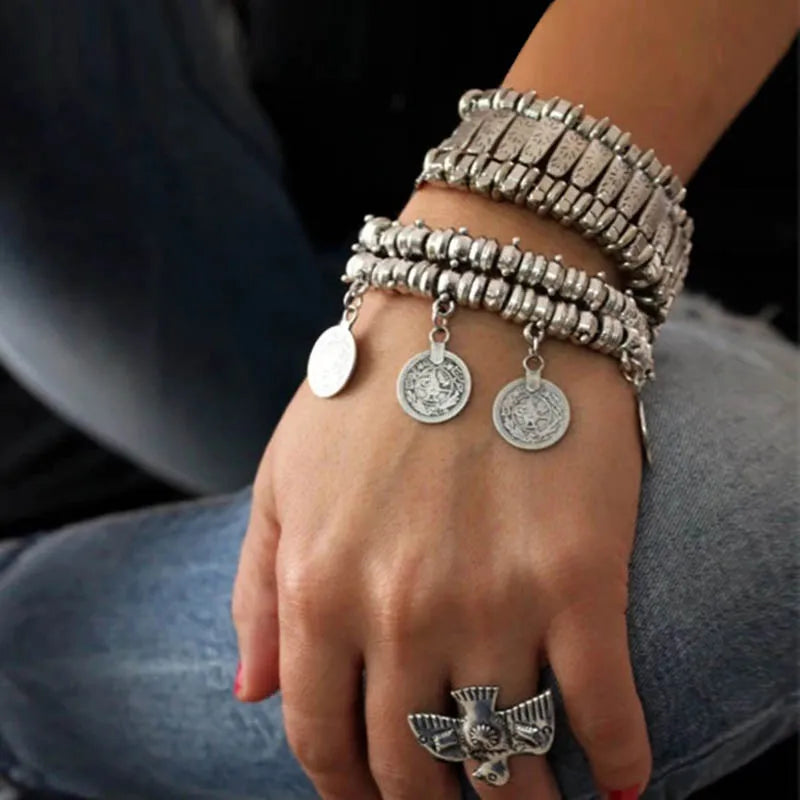 Mode Ethnische Gypsy Paar Armbänder Armreifen Für Frauen Kette Link Münze Charme Quaste Vintage Strand Einstellbare Boho Armbänder
