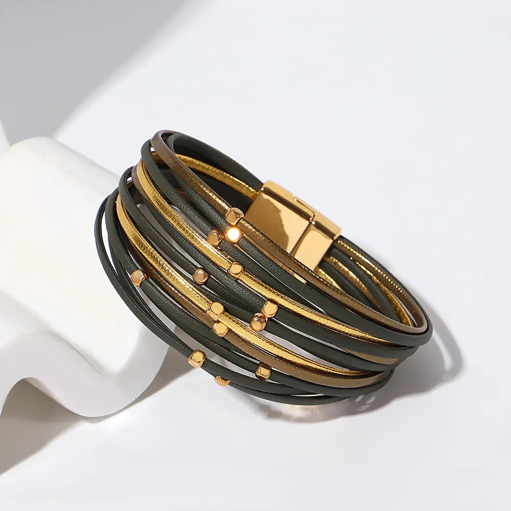 ALLYES Vintage grünes mehrschichtiges Wickelarmband aus Leder für Damen und Herren, Boho-Armbänder mit eingelegten Strasssteinen und Armreifen, Charm-Schmuck