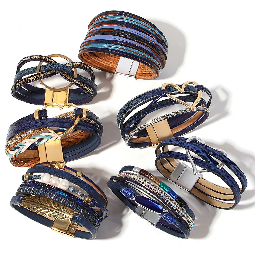ALLYES Retro Blaue Lederarmbänder für Damen Herren Boho Charm Perle Kristall Herz Mehrschichtiges Wickelarmband & Armreif Schmuck Geschenke