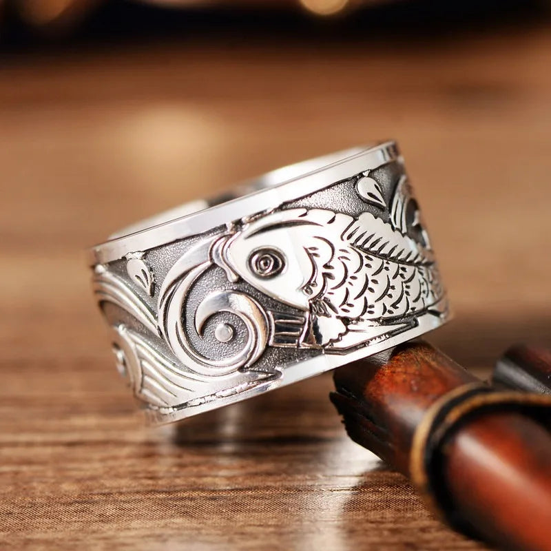NEUE Vintage Koi Fisch Muster Öffnung Glück Ringe für Frauen Männer Charme Schmuck Mythische Tiere Muster Öffnung Ring
