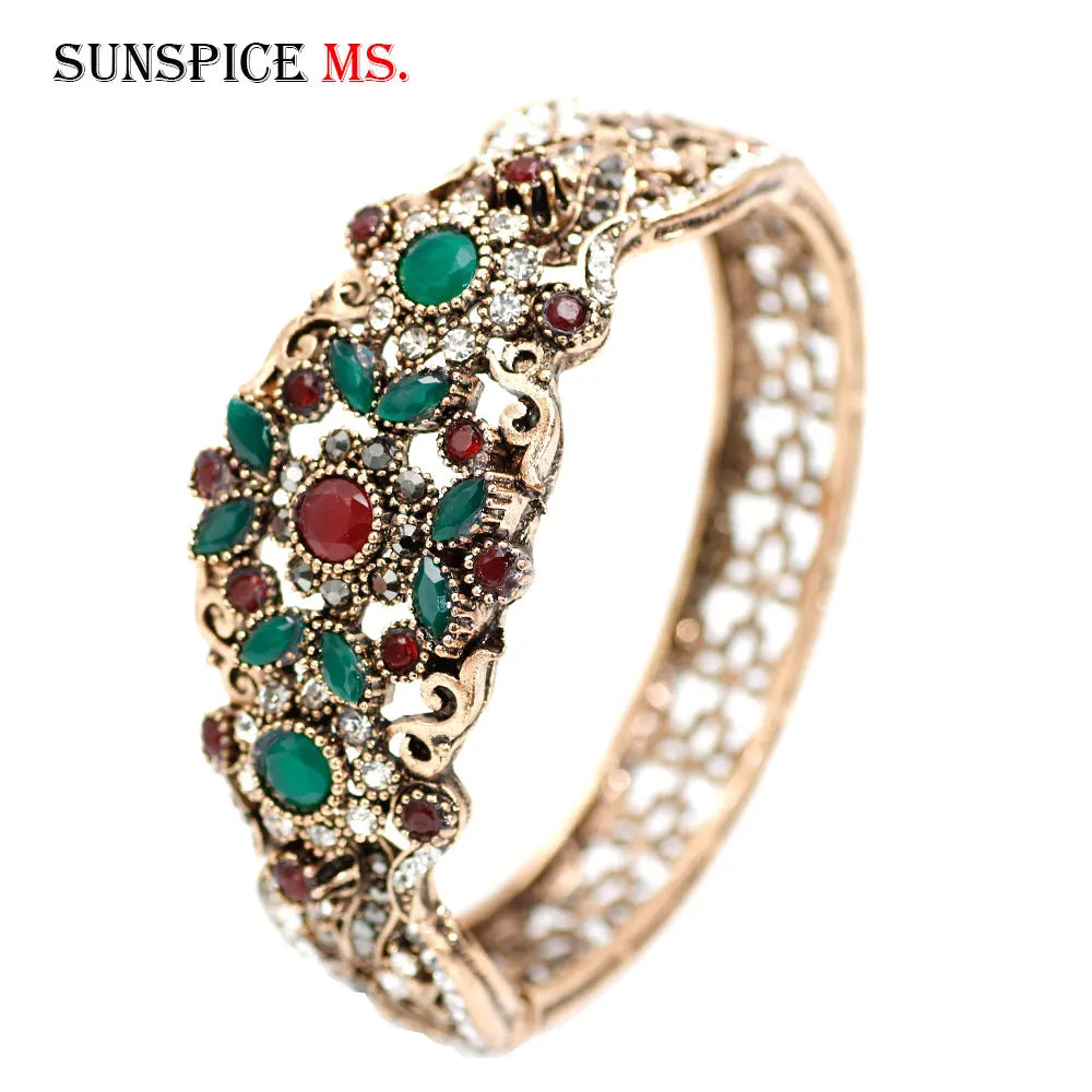 Sunspicems Chic Türkische Armreif Manschette Armband Für Frauen Antik Gold Farbe Strass Blume Armband Arabischen Braut Hochzeit Schmuck