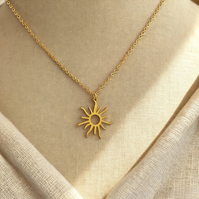 Vintage Hohl Sonne Halsketten Für Frauen Edelstahl Gold Farbe Sonne Anhänger Halskette Femme Luxus Hochzeit Schmuck Geschenk