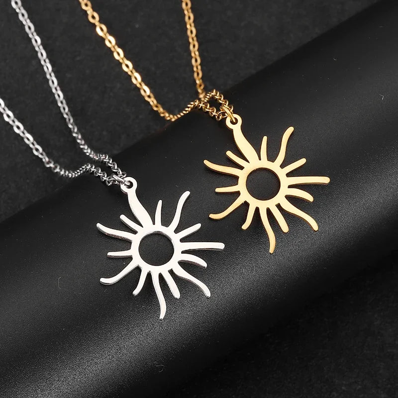 Vintage Hohl Sonne Halsketten Für Frauen Edelstahl Gold Farbe Sonne Anhänger Halskette Femme Luxus Hochzeit Schmuck Geschenk