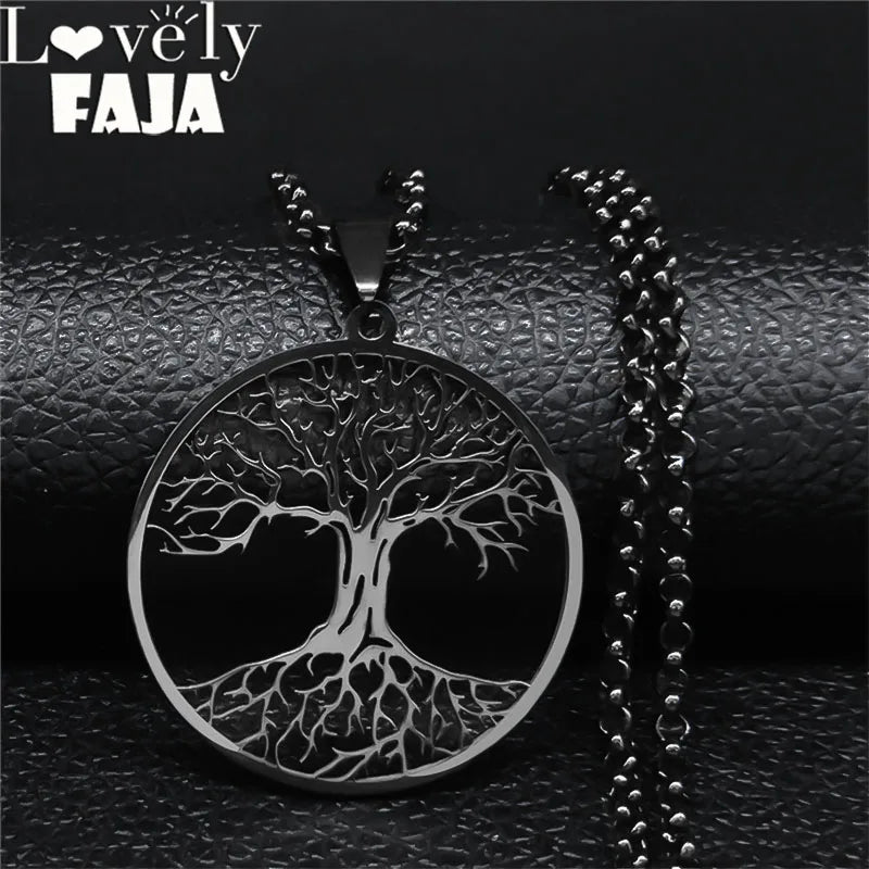 2024 Baum des Lebens Edelstahl Lange Halskette für Männer Schwarz Farbe Halsketten & Anhänger Schmuck cadenas para hombre N834S03