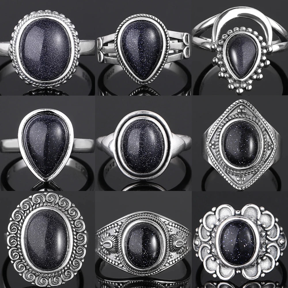 Ring aus 925er-Sterlingsilber, oval, rund, natürlicher blauer Sandstein, Ring für Frauen, Geschenk, Retro-Luxus, edler Schmuck