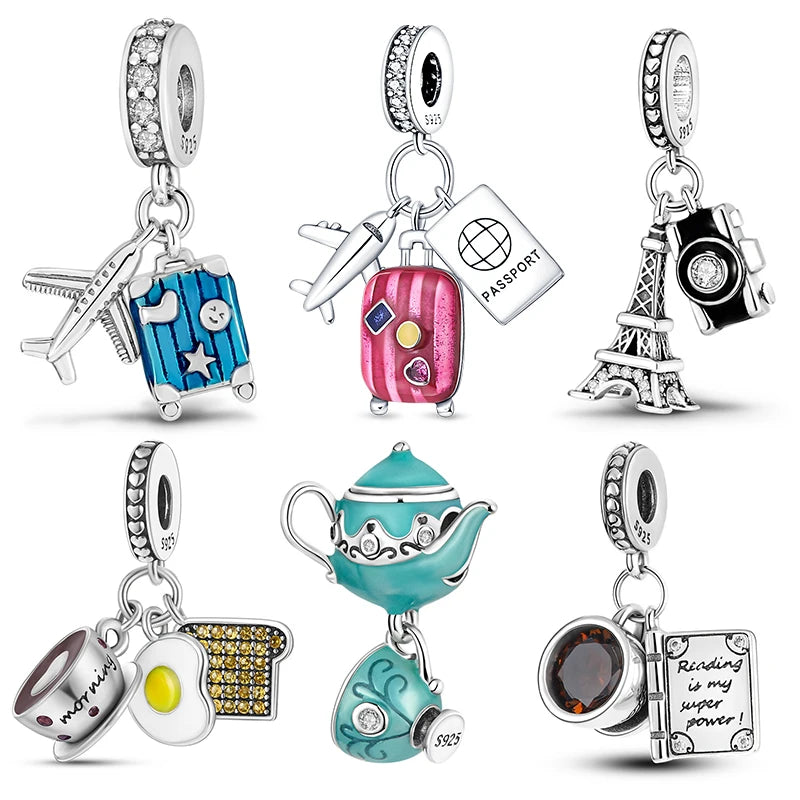Echtes 925 Sterling Silber Buch Und Kaffeetasse Charms Fit Original Pand 3mm Armband Anhänger Perlen Frauen Edlen schmuck