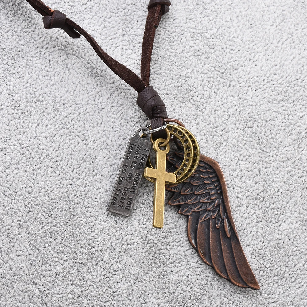 Feder-Engelsflügel-Halskette und Anhänger, Vintage-Stil, braunes Leder, für Damen und Herren, Schmuck, Jungen-Halskette, Statement-Halskette