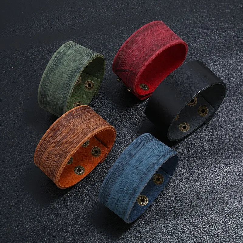 Breite Wickelarmbänder aus echtem Leder für Herren, Retro, verstellbare Armreifen für Männer, Punk-Stil, Schmuck, Geschenke, Schwarz, Braun, Rot, Grün, Blau
