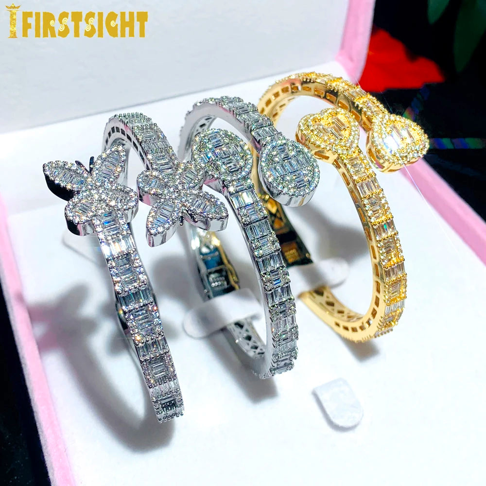 Neue Iced Out Bling Schmetterling Herz Armband Silber Farbe CZ Zirkon Oval Charme Geöffnet Armreif Für Männer Frauen Hiphop Luxus schmuck