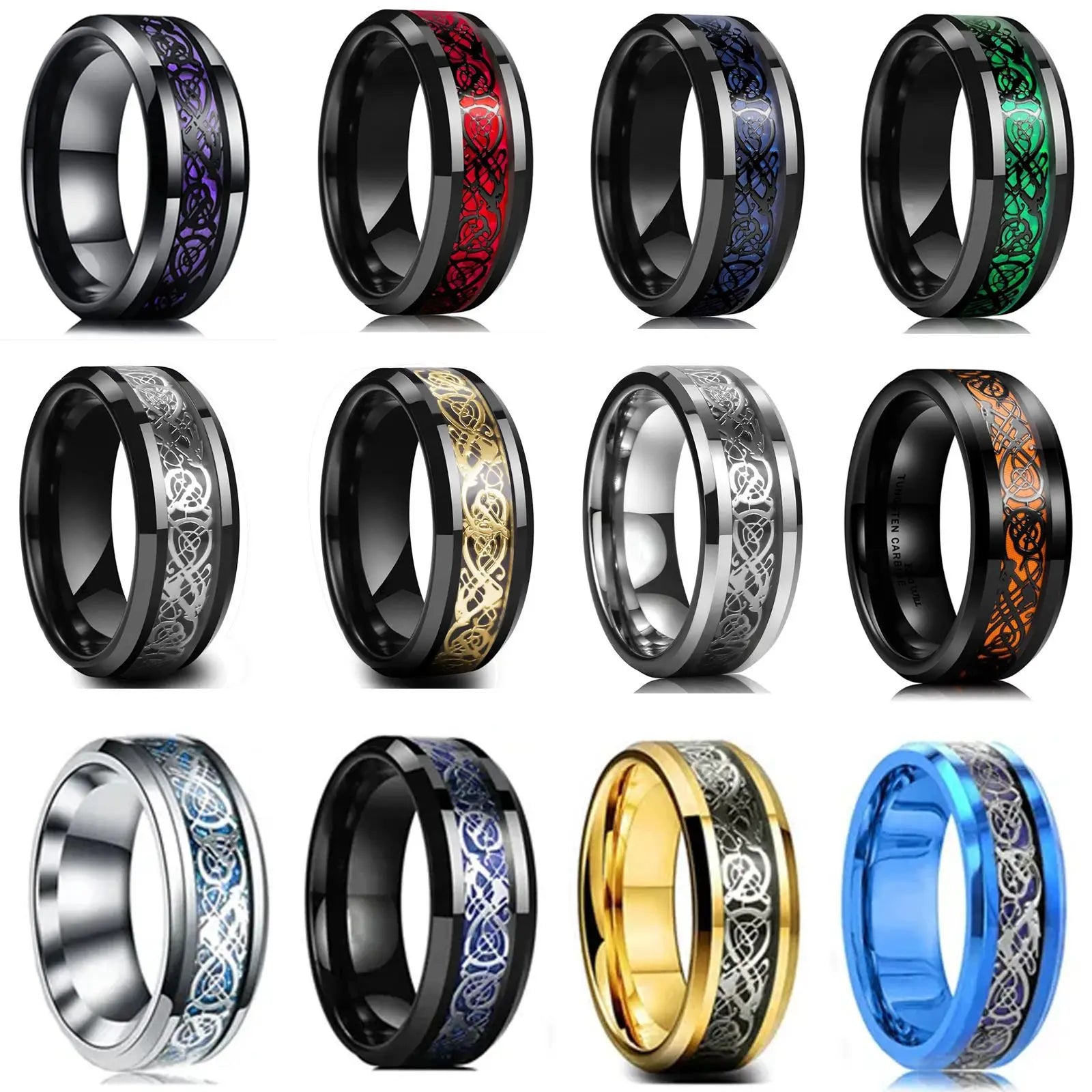 20 Farben Herrenschmuck Rot Blau Schwarz Drache Inlay Comfort Fit Edelstahlringe für Hochzeit Breite 8 mm