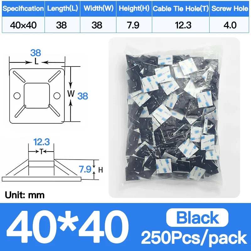 250/500/1000 Stück Kabelbinderhalterungen, langlebige Clip-Klemme, Wandhalter, Basis, selbstklebende Rückseite, Kabelbinder, Halterung, Kabel, Draht