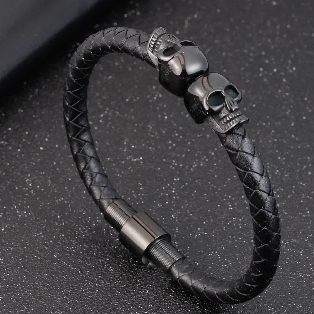 Übertreibung Männer Schmuck Schwarz Geflochtene Leder Armbänder Edelstahl Leder Armbänder Coole Schädel Armbänder Männer Armband