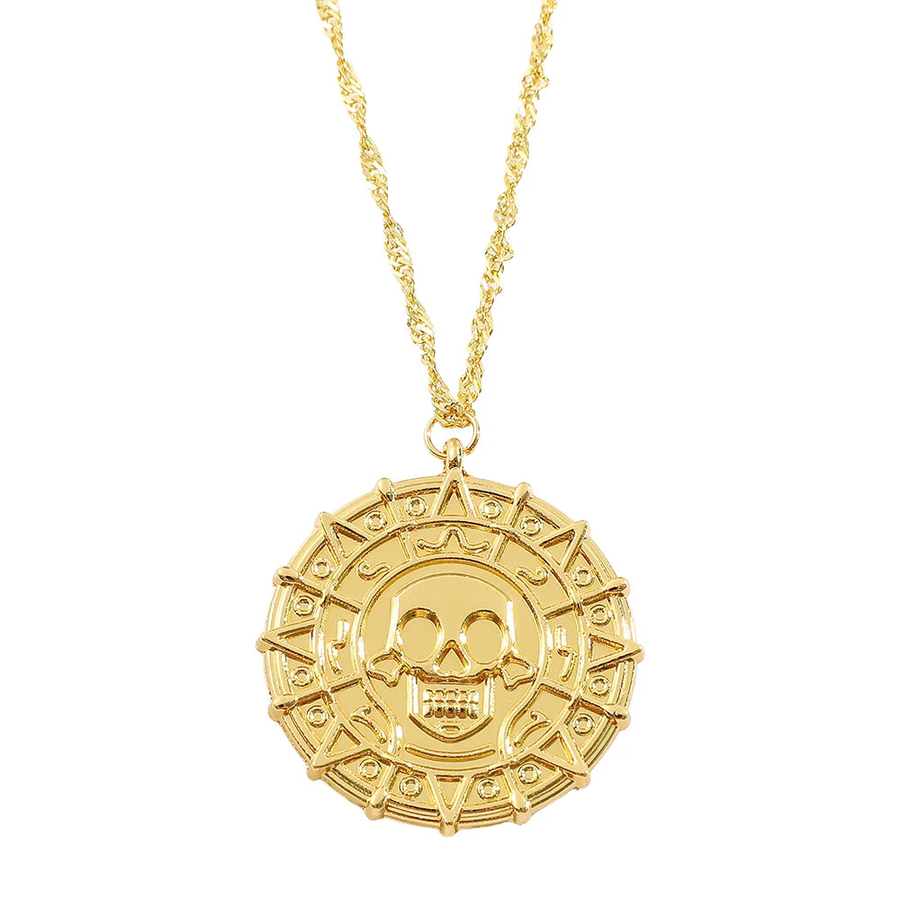 Fluch der Karibik Jack Sparrow Azteken Skelett Schädel Köpfe Münze Medaillon Anhänger Vintage Schmuck Halskette für Großhandel