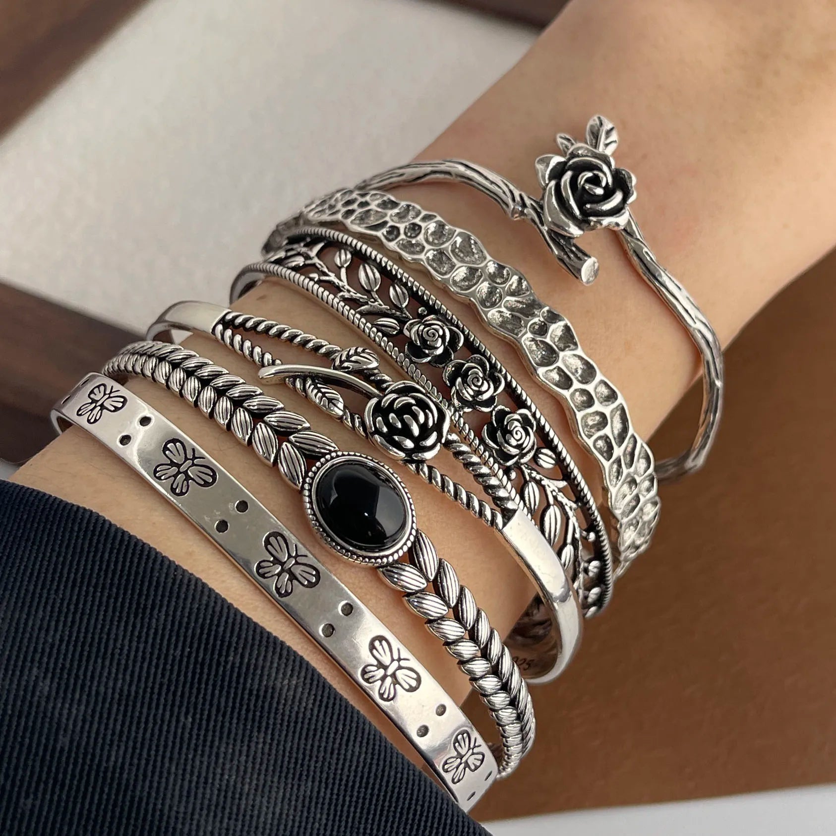 100 % massives 925er Sterlingsilber-Metallarmband für Damen, Vintage, handgefertigt, schlichtes Retro-Blumenkettenarmband, Geburtstagsgeschenk, Party