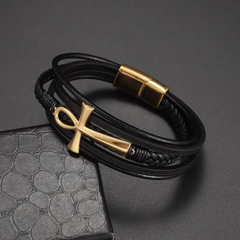 Vintage handgewebtes umweltfreundliches Leder-Kreuzarmband mit Magnetverschluss, modischer Anhänger für Herren, religiöser Amulett-Schmuck