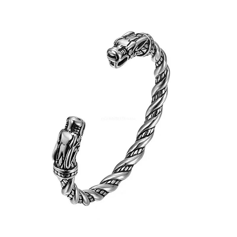 Nordisches Wikinger-Wolfskopf-Armband, Edelstahl, Öffnung, verstellbares Armband, Manschette, Drachenarmreif für Männer, Modeschmuck, Geschenke