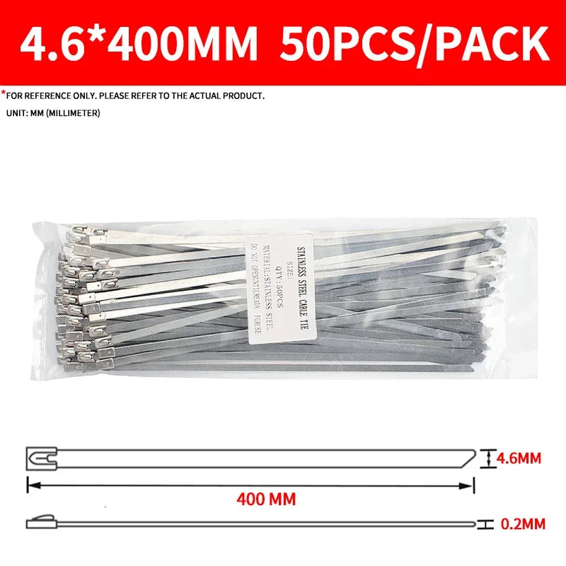 50 Stück 304 # Edelstahl-Metallkabelbinder, 150 mm–500 mm, selbstsichernde, hohe Temperaturbeständigkeit, Oxidationsbeständigkeit, 4,6 mm Kabelbinder