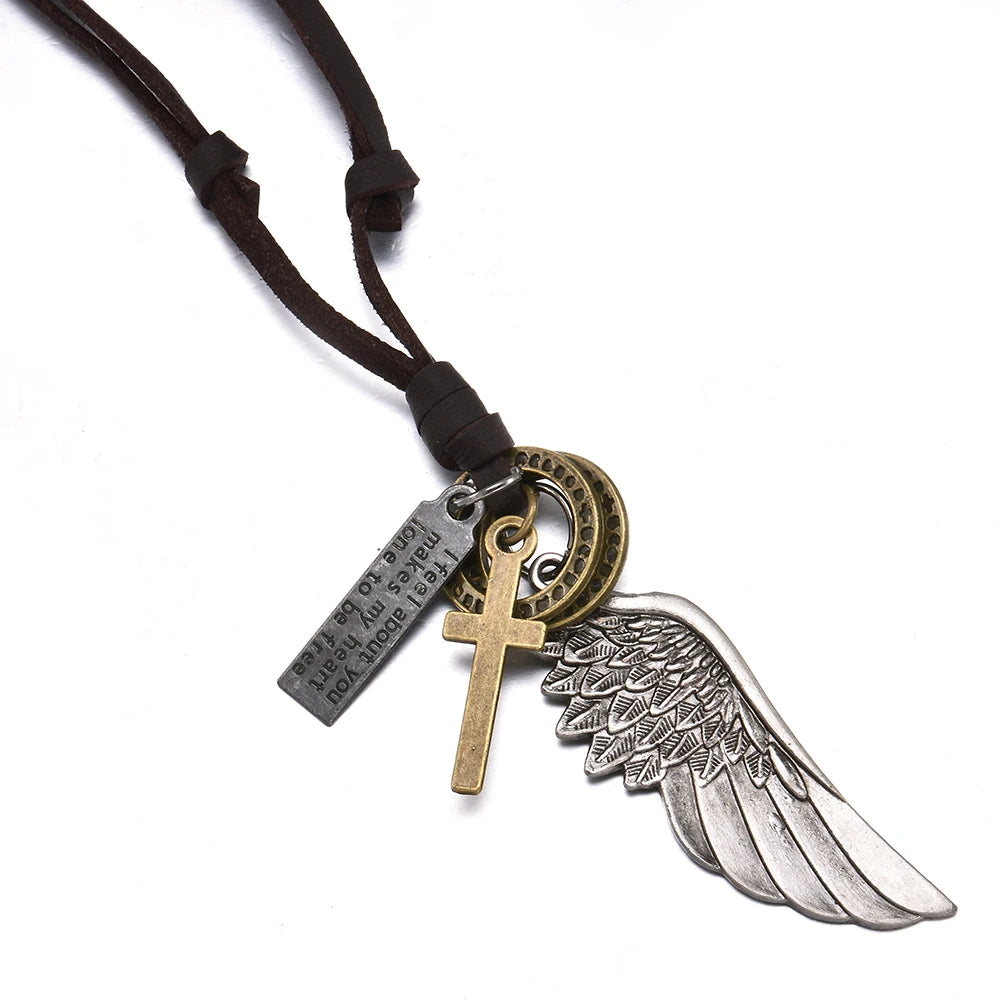 Feder-Engelsflügel-Halskette und Anhänger, Vintage-Stil, braunes Leder, für Damen und Herren, Schmuck, Jungen-Halskette, Statement-Halskette