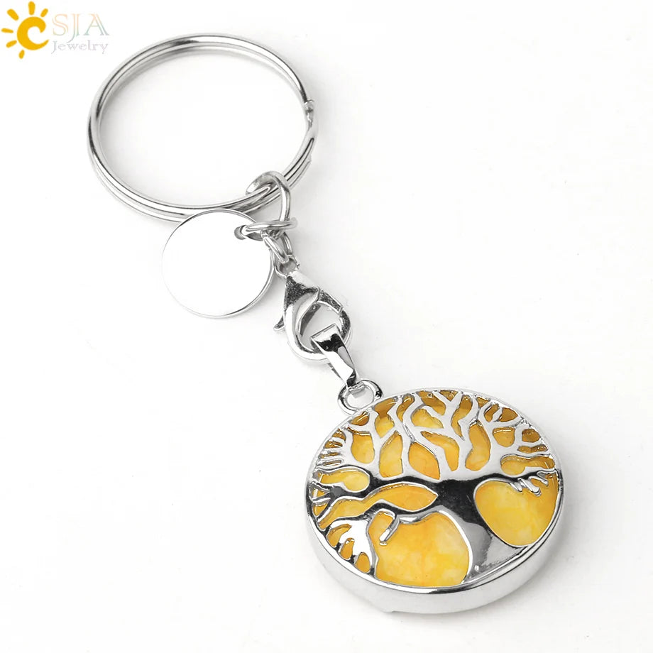 CSJA Luxus Natürlichen Kristall Stein Original Keychain Baum des Lebens Keychain Glücklich Key Ring Auto Decor Weihnachten Frauen Männer G498