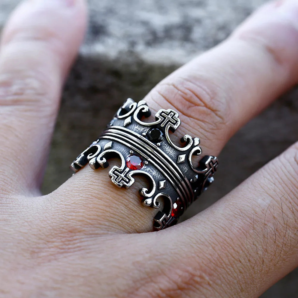 Vintage Kreative 316L Edelstahl Kreuz Krone Ring Mit Roten Steinen Für Männer Frau Einfache Party Mode Christentum Schmuck