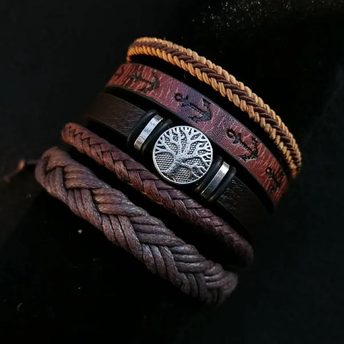 Punk Casual Bead6 Teil/satz Baum Schwarz Khaki Handgemachte Männer Armbänder Männlichen Frauen Leder Armbänder Männer Armreif Großhandel Schmuck Geschenk