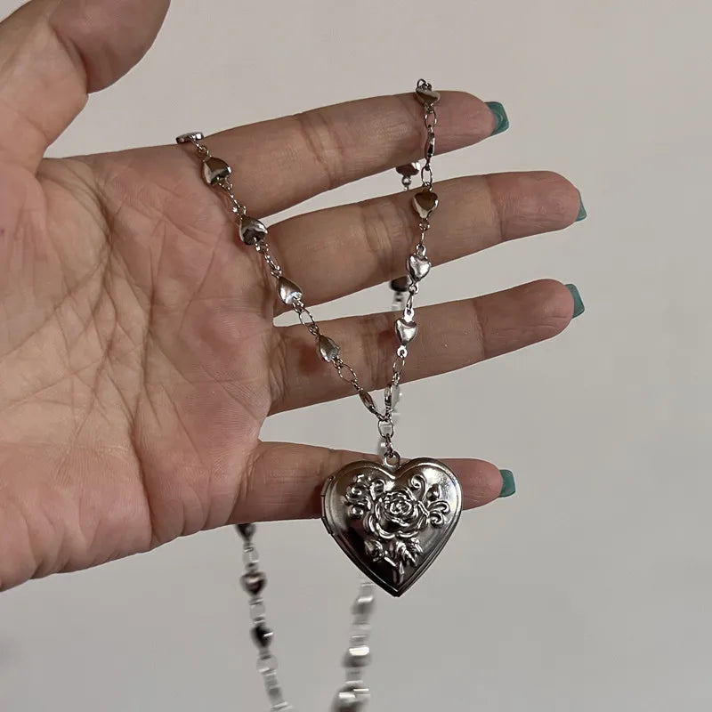 Y2K Weiße Imitation Perle Halskette Große Liebe Herz Mit Blumenmuster Anhänger Halsband Frauen Halskette Schmuck Mädchen