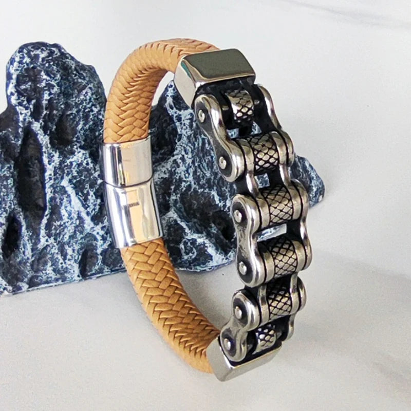 Klassische Leder Armband Männer Lokomotive Kette Edelstahl Punk Magnetische Verschluss Armreifen für Freund Geschenk Charme Schmuck SP1555